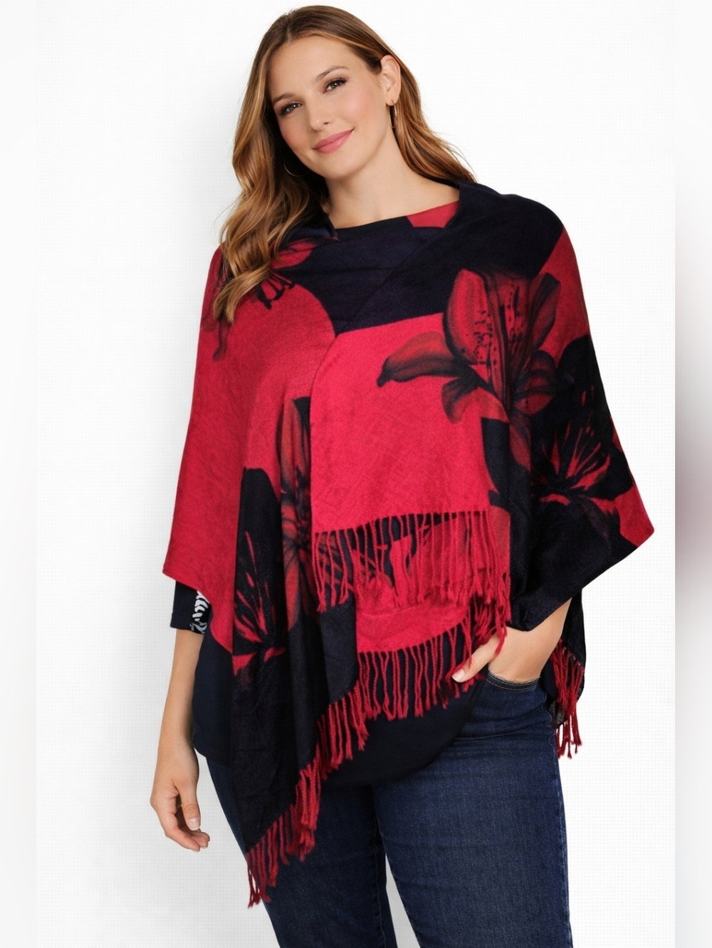 Women's Unbranded One Size Red & Black Floral Scarf & Wrap